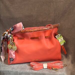 🪸BADGLEY MISCHKA🪸Coral Solid/Snake Combo Medium Satchel w/Crossbody Strap/NWT